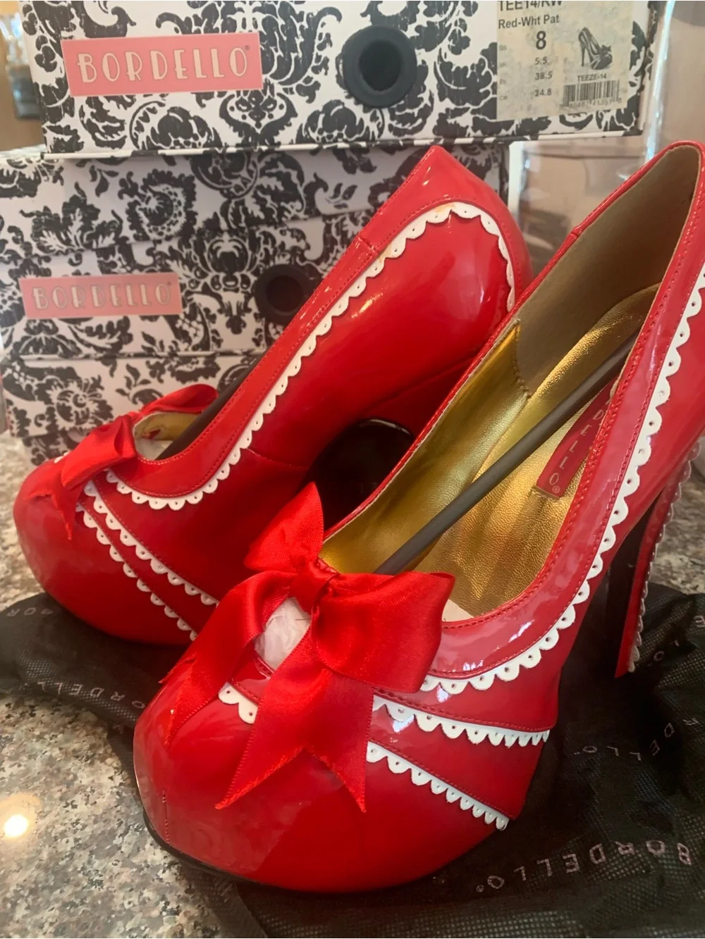 Pleaser Red Patent Platform Pumps with White Scallop Trim and Bow